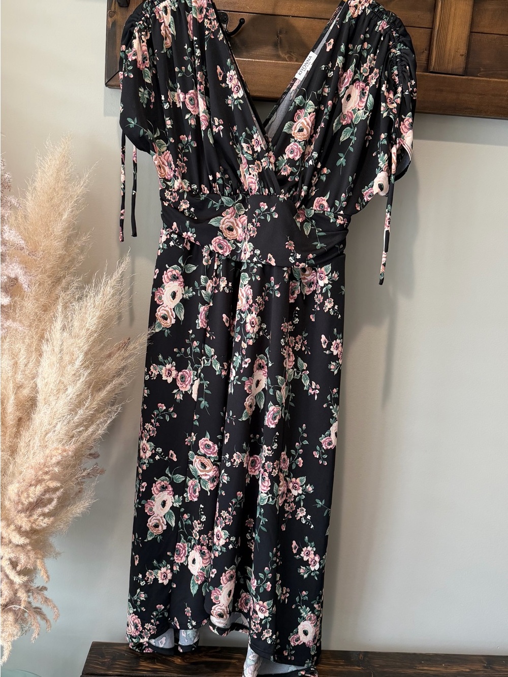 Kiyonna Black Midi Dress with Pink Floral Print
